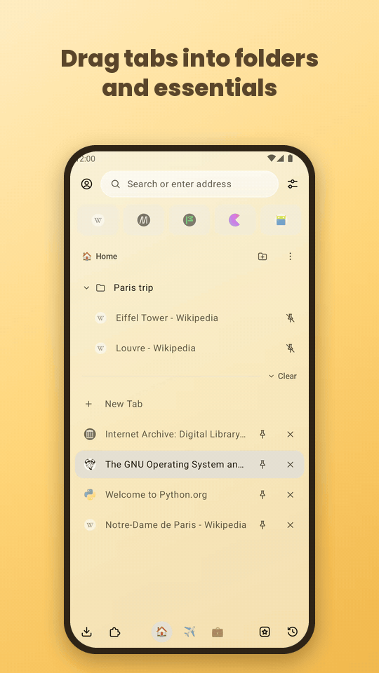 Dragging tabs into folders and essentials