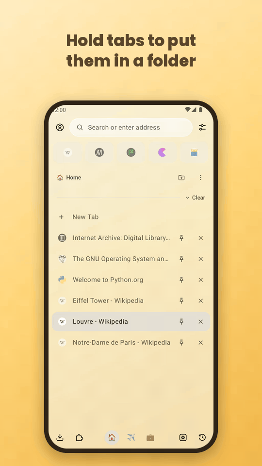 Holding tabs to select them and putting them in a folder